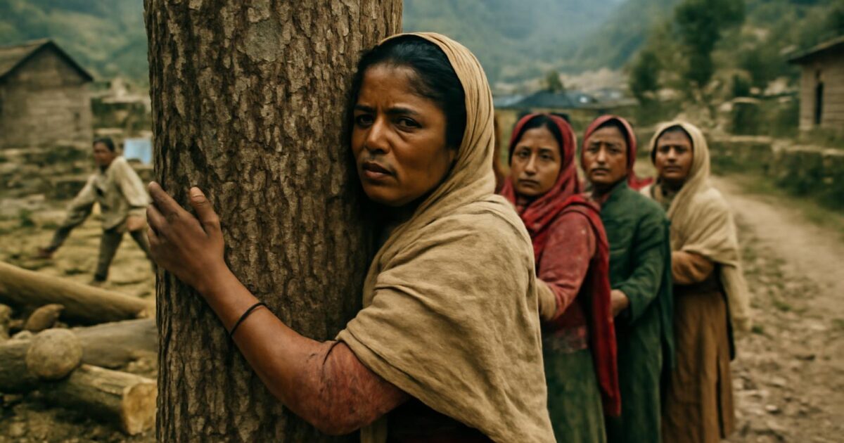 Mujeres de Reni rodeando árboles durante una protesta del movimiento Chipko en 1974