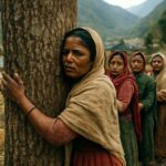 Mujeres de Reni rodeando árboles durante una protesta del movimiento Chipko en 1974