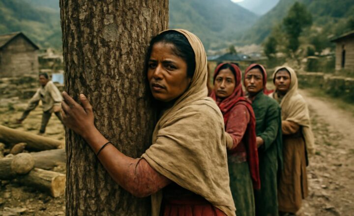 Mujeres de Reni rodeando árboles durante una protesta del movimiento Chipko en 1974