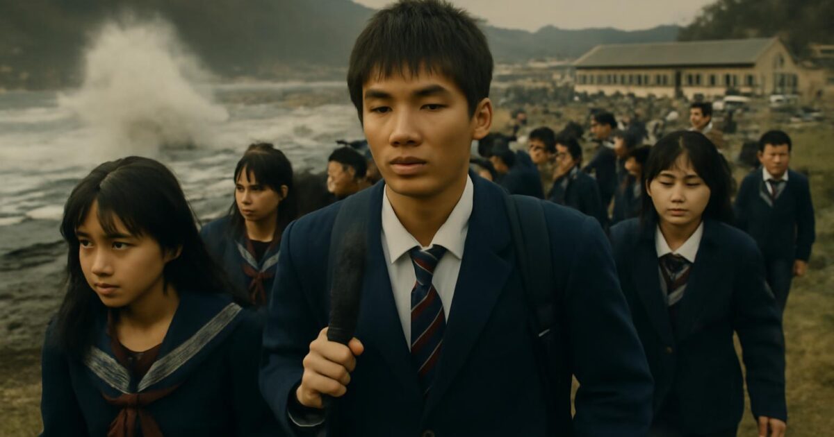 Estudiantes de Kamaishi evacuando hacia terrenos elevados durante el tsunami de Japón de 2011