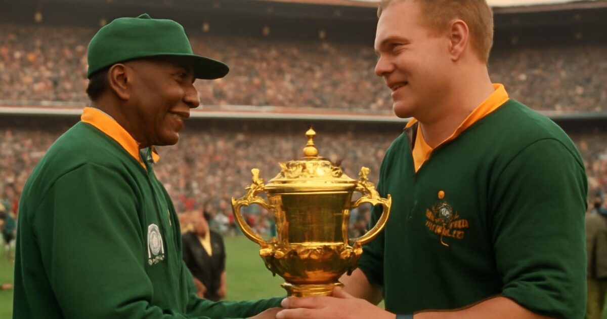 Nelson Mandela entrega la Copa Webb Ellis al capitán Francois Pienaar tras la final del Mundial de Rugby de 1995 en Johannesburgo