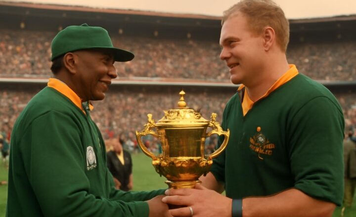 Nelson Mandela entrega la Copa Webb Ellis al capitán Francois Pienaar tras la final del Mundial de Rugby de 1995 en Johannesburgo