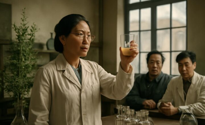 Tu Youyou y muestras de Artemisia annua relacionadas con el descubrimiento de la artemisinina contra la malaria
