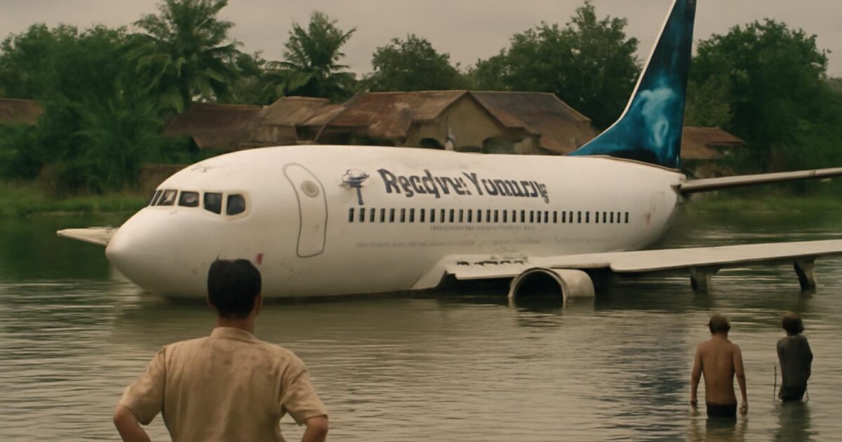 Boeing 737 de Garuda Indonesia tras aterrizar de emergencia en el río Bengawan Solo en 2002