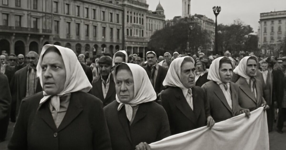 Madres de Plaza de Mayo reunidas alrededor de la Pirámide de Mayo en Buenos Aires durante una ronda por sus hijos desaparecidos
