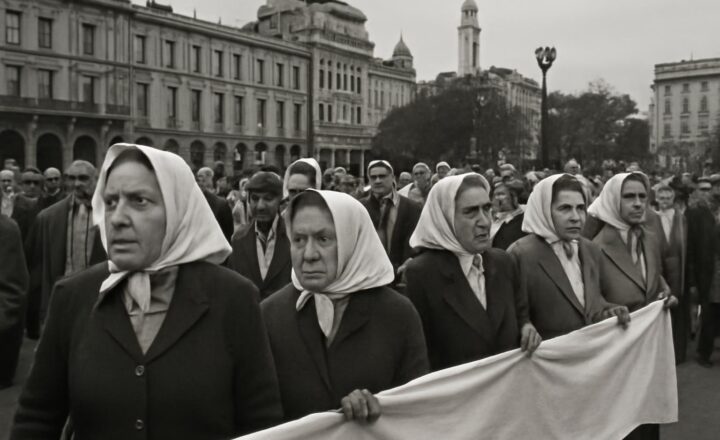 Madres de Plaza de Mayo reunidas alrededor de la Pirámide de Mayo en Buenos Aires durante una ronda por sus hijos desaparecidos