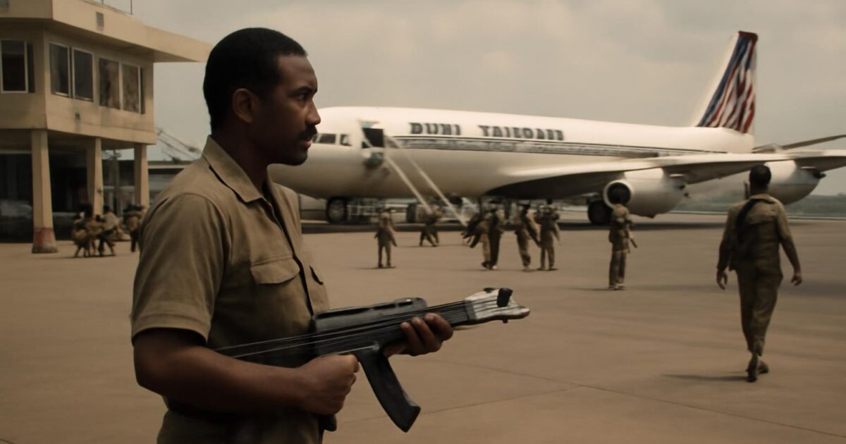 Comandos y rehenes durante el rescate del vuelo 139 de Air France en el aeropuerto de Entebbe en 1976