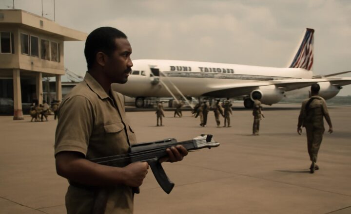 Comandos y rehenes durante el rescate del vuelo 139 de Air France en el aeropuerto de Entebbe en 1976