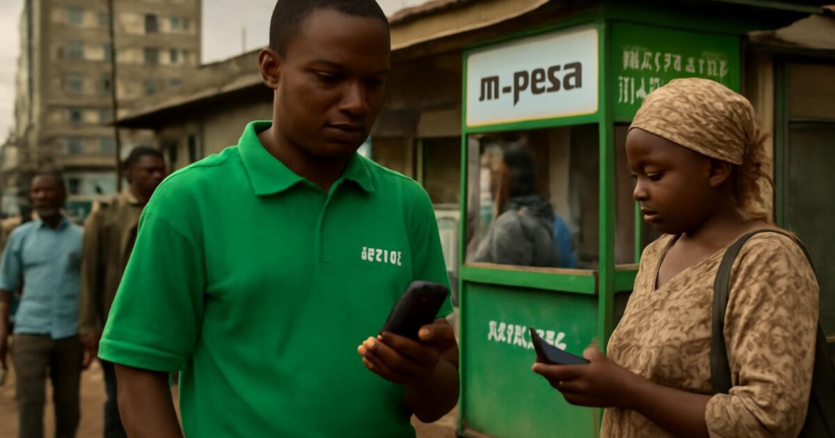 Agente de M-Pesa atendiendo a clientes en Kenia con un teléfono móvil