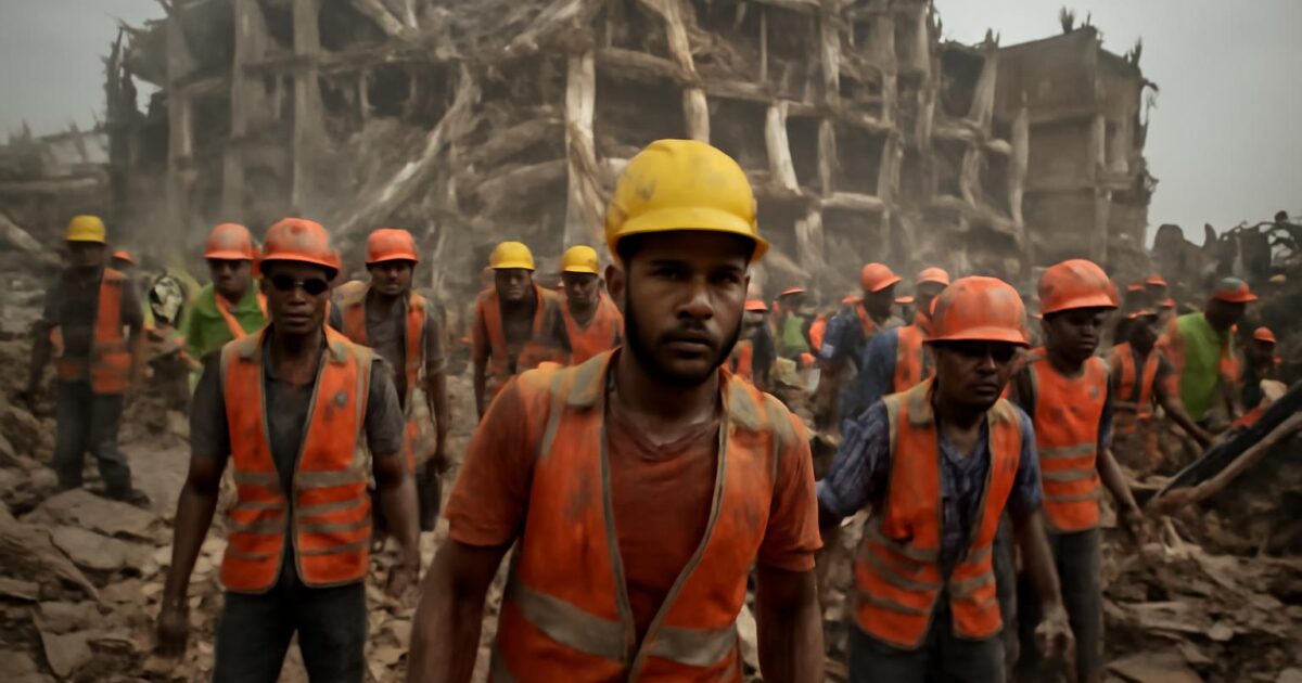 Equipos de rescate trabajan entre los escombros del Rana Plaza tras su derrumbe en Savar, Bangladesh, en abril de 2013