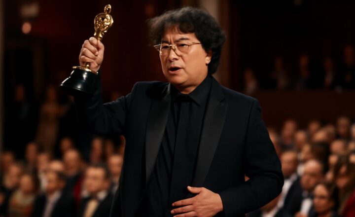 Bong Joon-ho y el equipo de Parásitos celebran el Óscar a mejor película en Los Ángeles en 2020