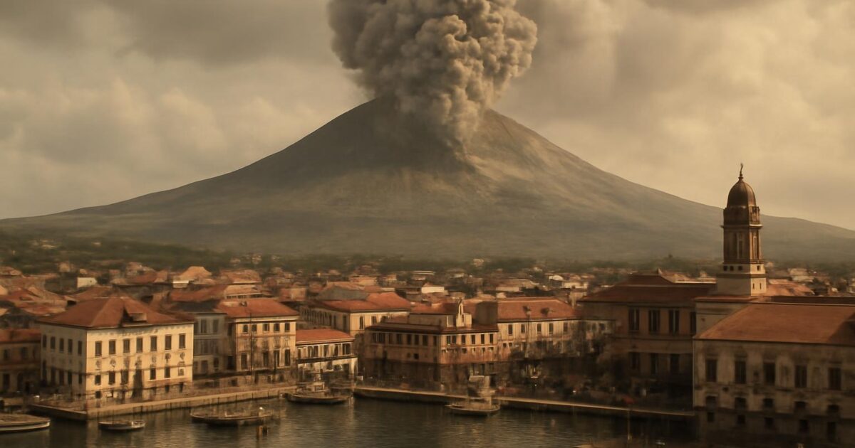 Recreación editorial de la erupción del Monte Pelée sobre Saint-Pierre en 1902