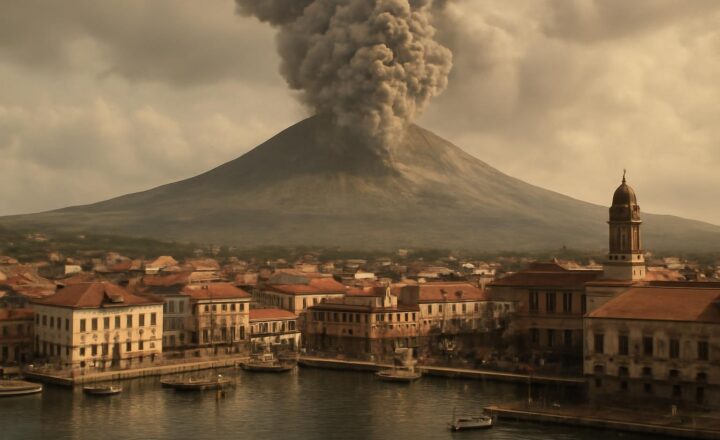 Recreación editorial de la erupción del Monte Pelée sobre Saint-Pierre en 1902