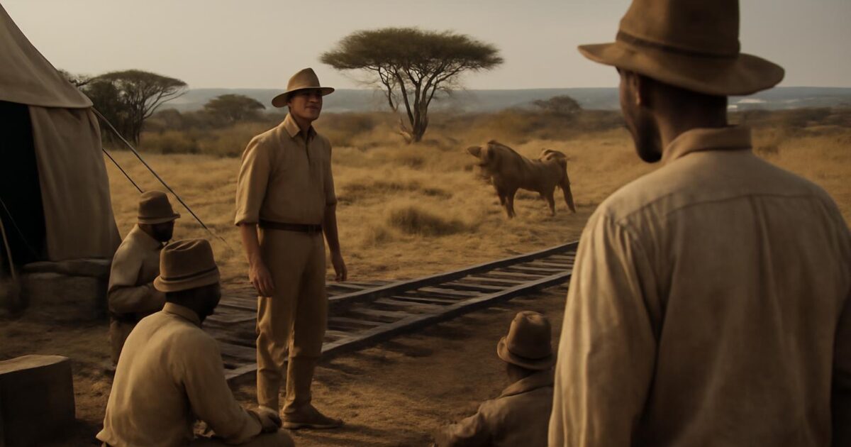 Recreación editorial de los leones de Tsavo cerca del campamento ferroviario en 1898