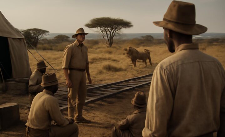 Recreación editorial de los leones de Tsavo cerca del campamento ferroviario en 1898