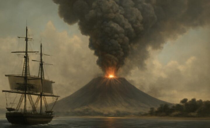 Recreación editorial de la erupción de Krakatau y los tsunamis de 1883