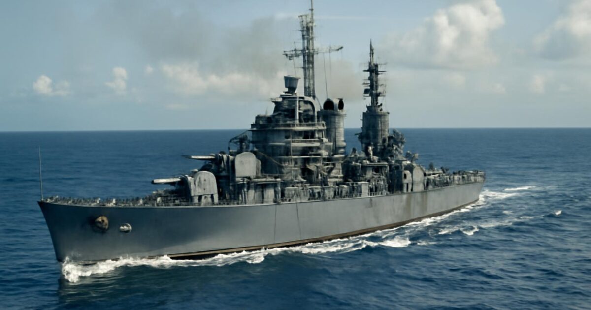 Recreación editorial del USS Indianapolis y sus supervivientes a la deriva en 1945
