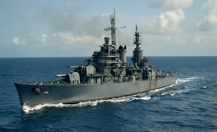 Recreación editorial del USS Indianapolis y sus supervivientes a la deriva en 1945