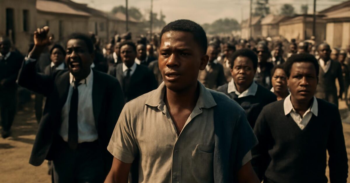 Estudiantes marchando en Soweto durante las protestas contra la educación del apartheid el 16 de junio de 1976