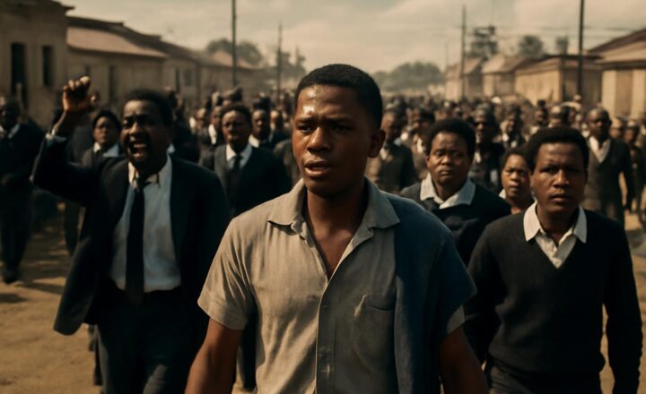 Estudiantes marchando en Soweto durante las protestas contra la educación del apartheid el 16 de junio de 1976