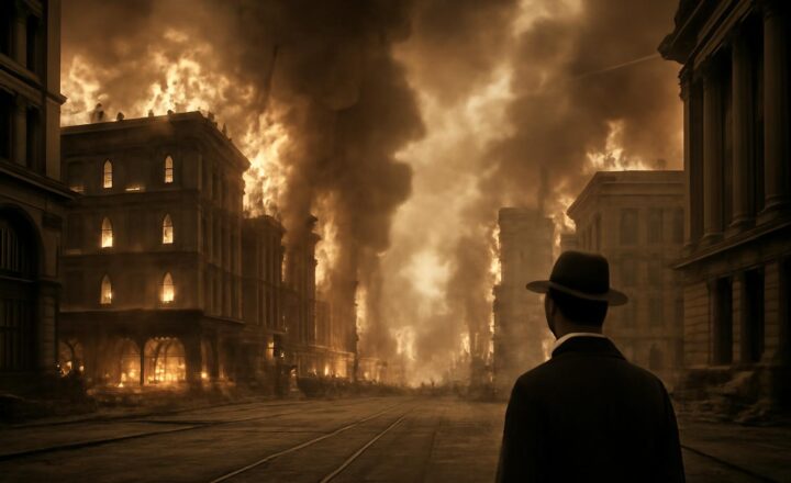 Recreación editorial de San Francisco tras el terremoto y los incendios de 1906