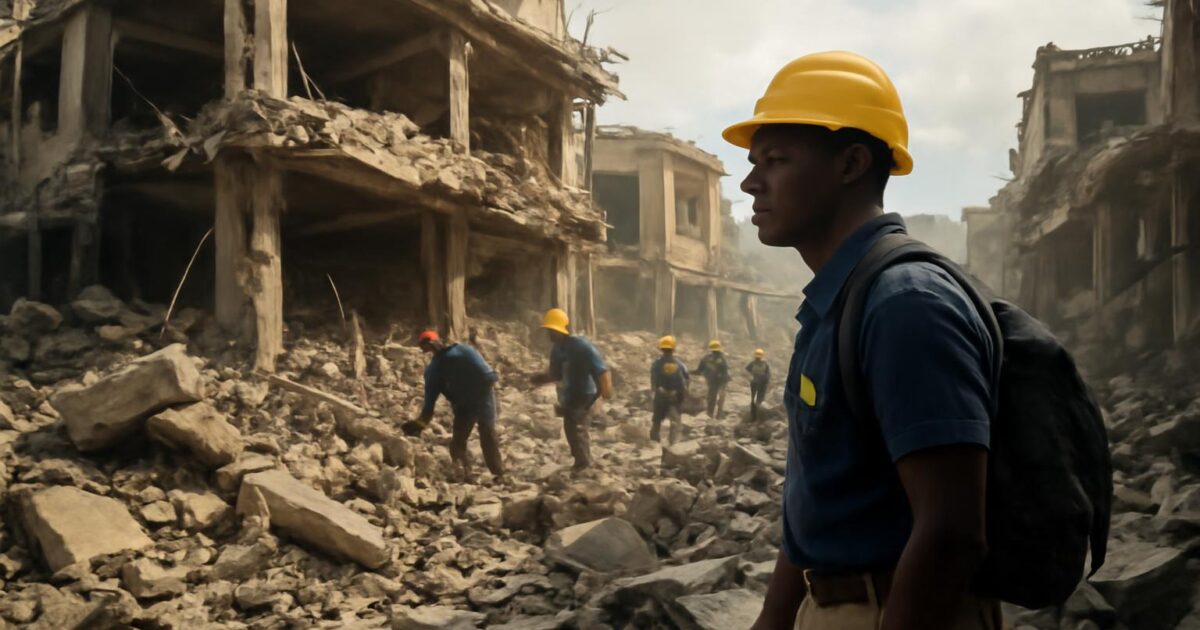 Recreación editorial de los daños y rescates tras el terremoto de Haití de 2010