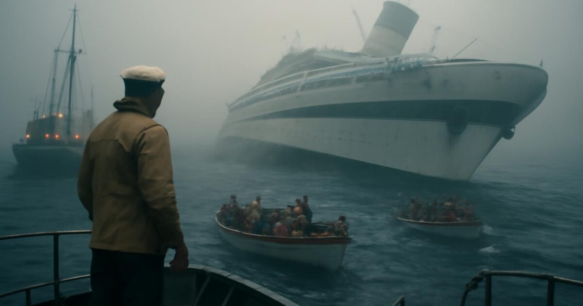 El transatlántico Andrea Doria escorado antes de hundirse en 1956
