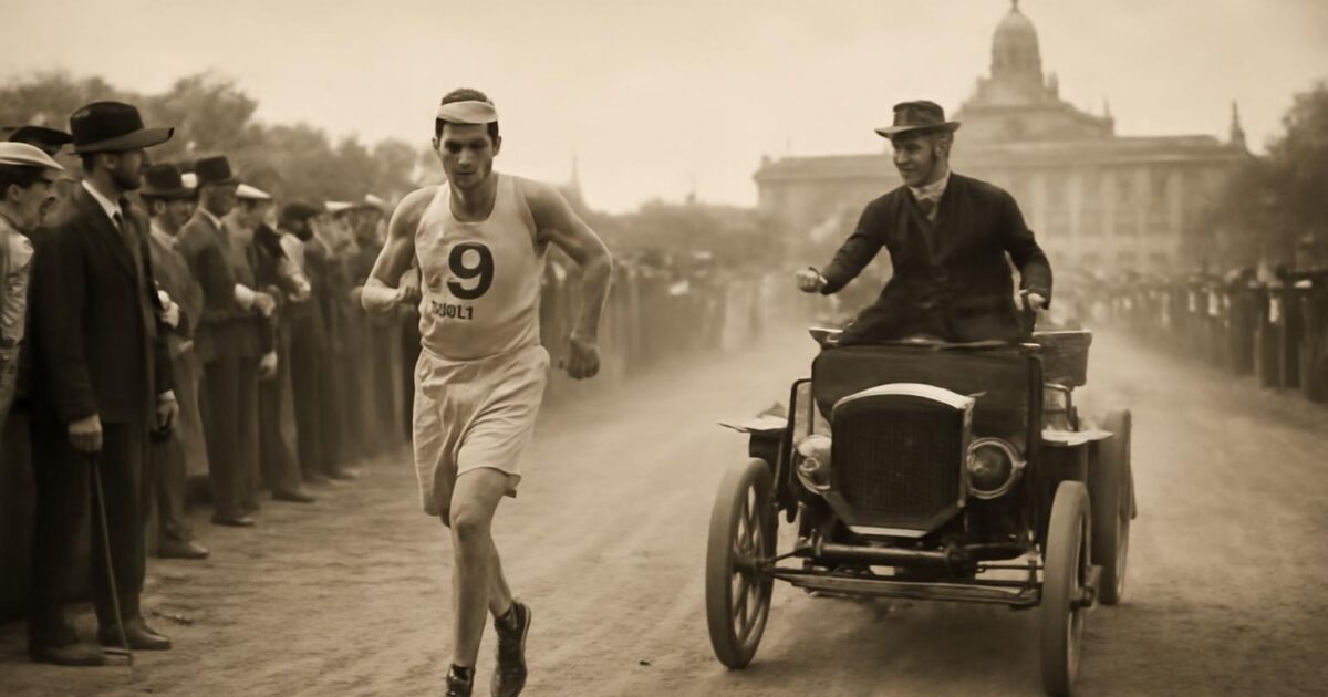 Thomas Hicks durante el maratón olímpico de San Luis de 1904