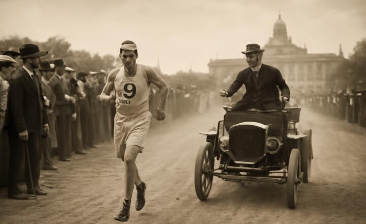 Thomas Hicks durante el maratón olímpico de San Luis de 1904