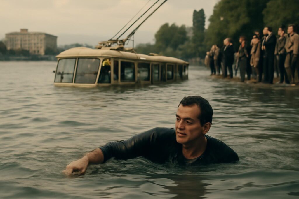 Shavarsh Karapetyan durante el rescate de pasajeros de un trolebús hundido en el lago de Ereván en 1976