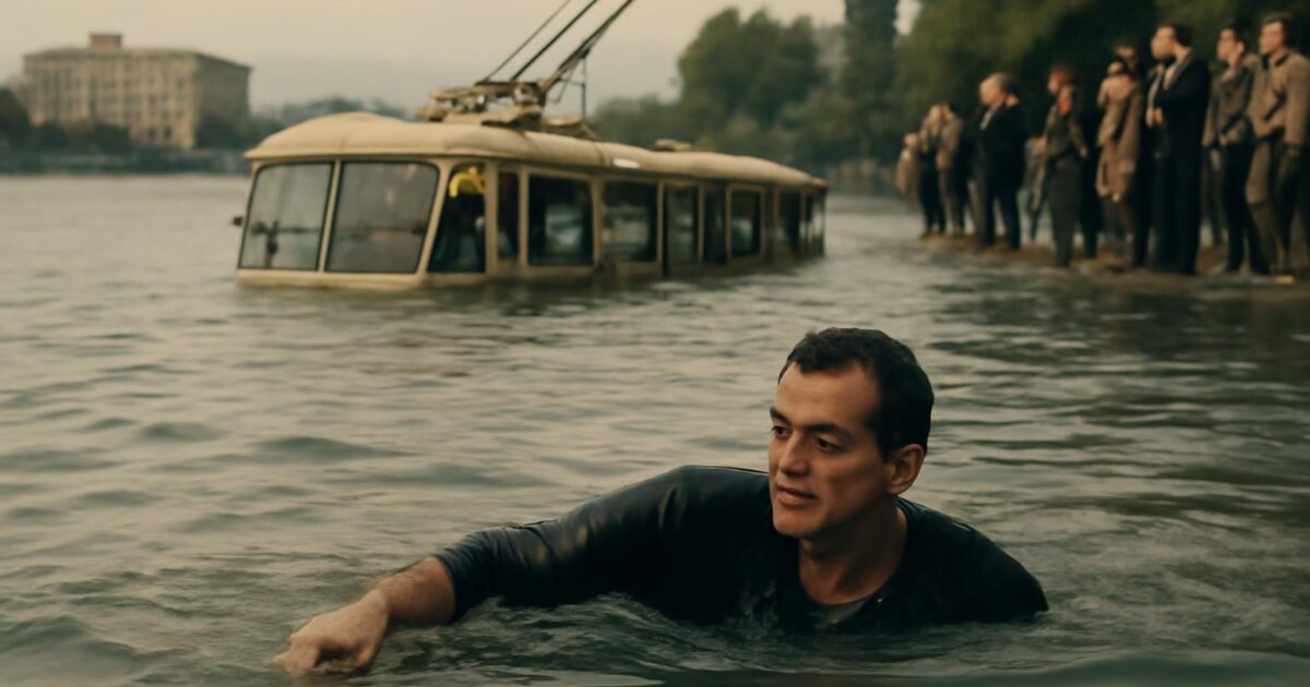 Shavarsh Karapetyan durante el rescate de pasajeros de un trolebús hundido en el lago de Ereván en 1976