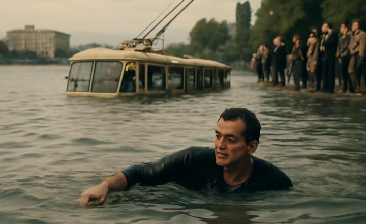 Shavarsh Karapetyan durante el rescate de pasajeros de un trolebús hundido en el lago de Ereván en 1976
