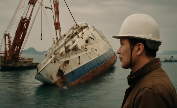El ferry Sewol reflotado durante las operaciones de recuperación frente a la costa de Jindo