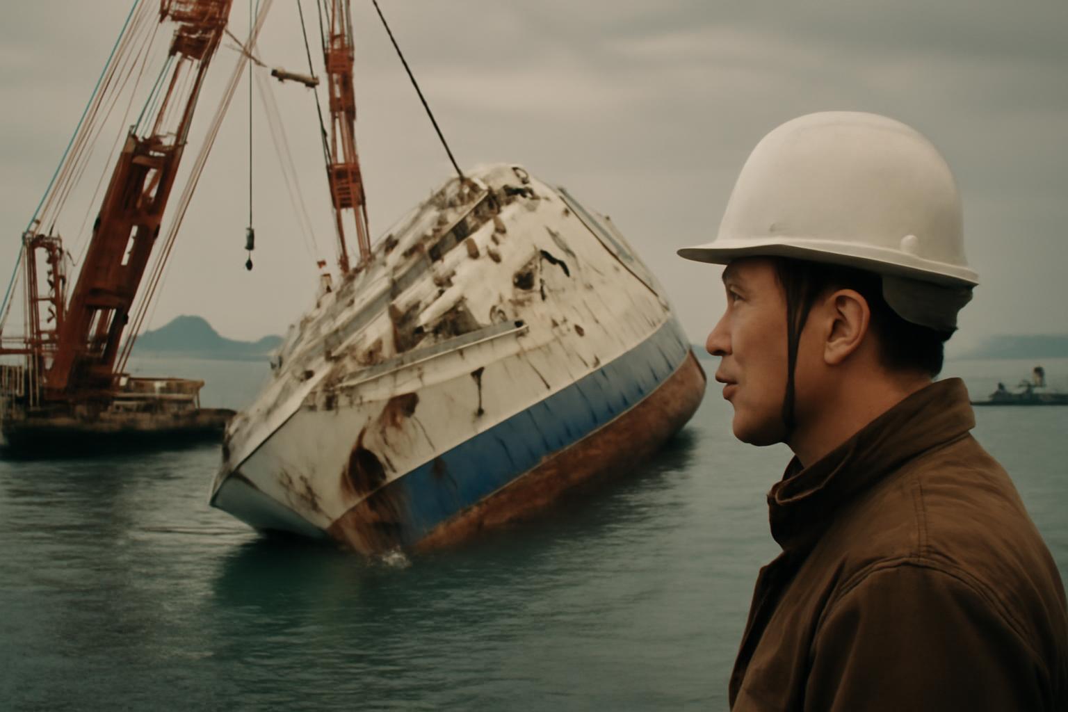 El ferry Sewol reflotado durante las operaciones de recuperación frente a la costa de Jindo