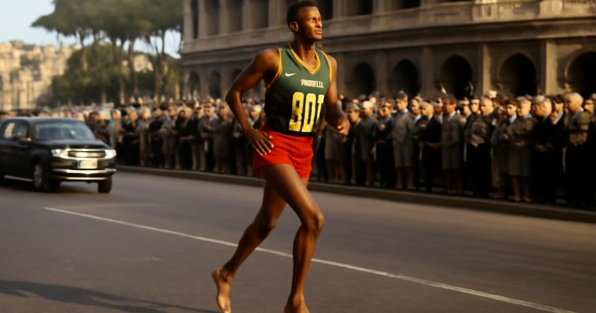 Abebe Bikila corre descalzo por la Vía Apia durante el maratón olímpico de Roma 1960