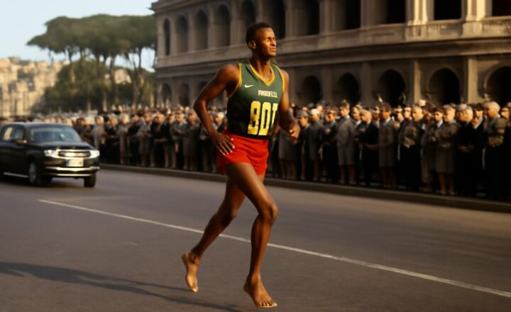Abebe Bikila corre descalzo por la Vía Apia durante el maratón olímpico de Roma 1960