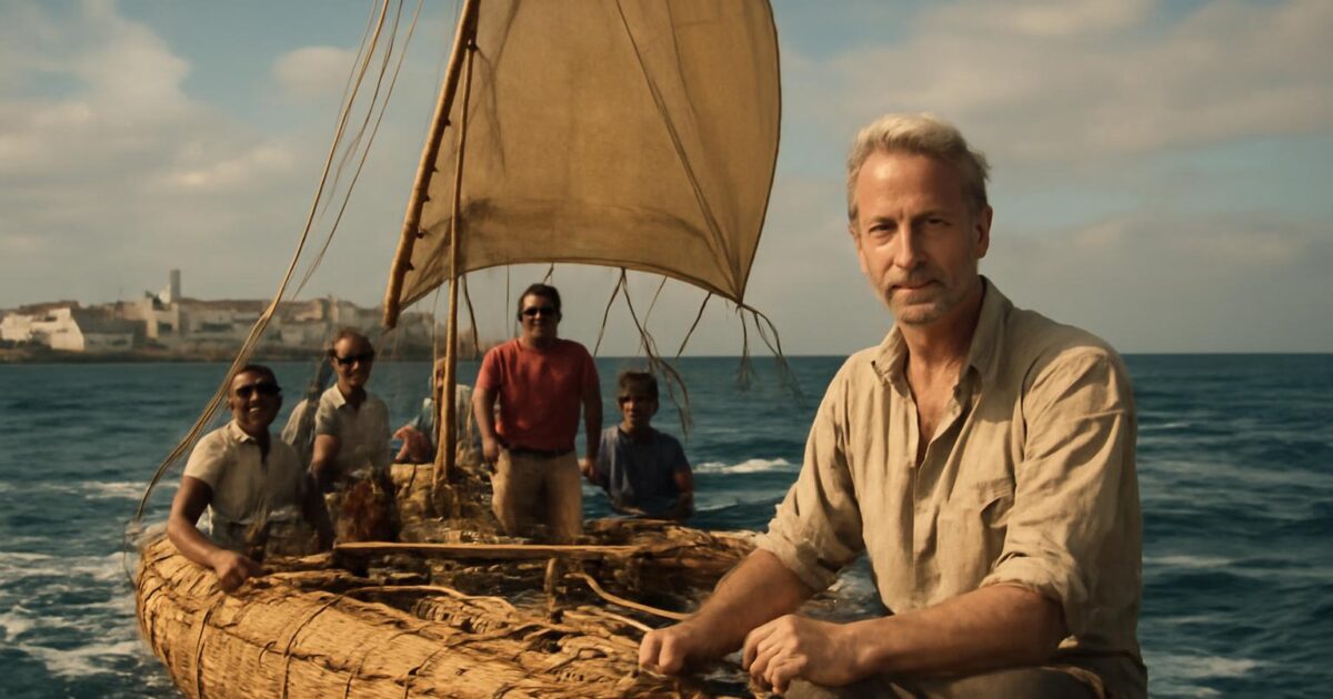 La embarcación de papiro Ra II navegando durante la expedición de Thor Heyerdahl por el Atlántico en 1970