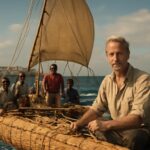 La embarcación de papiro Ra II navegando durante la expedición de Thor Heyerdahl por el Atlántico en 1970