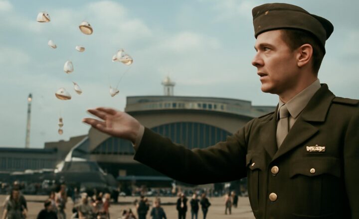 Gail Halvorsen prepara pequeños paracaídas para lanzar caramelos durante el Puente Aéreo de Berlín en 1948