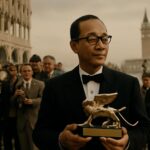 Akira Kurosawa junto al cartel de Rashomon, la película que ganó el León de Oro en Venecia en 1951