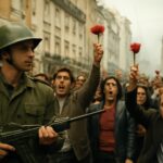 Soldados y civiles en una calle de Lisboa durante la Revolución de los Claveles del 25 de abril de 1974