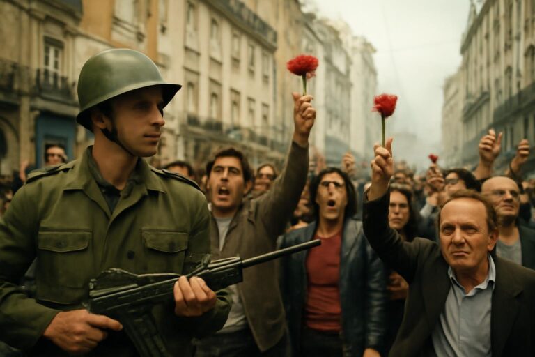 Soldados y civiles en una calle de Lisboa durante la Revolución de los Claveles del 25 de abril de 1974