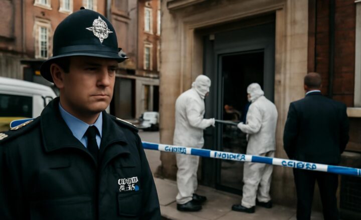 Policías y periodistas frente al edificio de Hatton Garden tras el robo de la cámara acorazada en Londres en abril de 2015