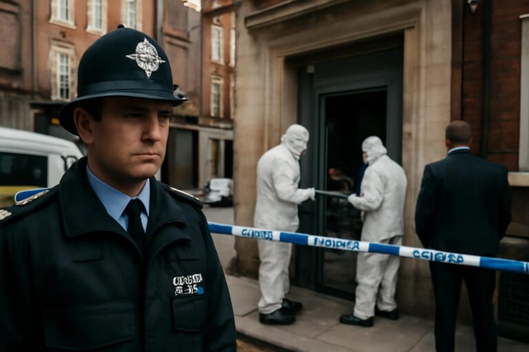 Policías y periodistas frente al edificio de Hatton Garden tras el robo de la cámara acorazada en Londres en abril de 2015