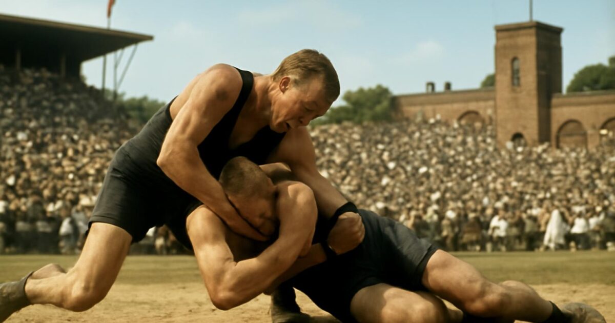 Martin Klein y Alfred Asikainen durante el combate de lucha grecorromana de los Juegos Olímpicos de Estocolmo 1912