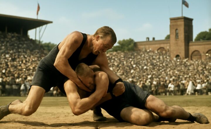 Martin Klein y Alfred Asikainen durante el combate de lucha grecorromana de los Juegos Olímpicos de Estocolmo 1912