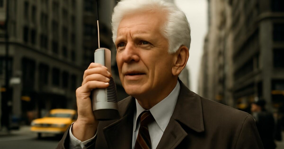 Martin Cooper muestra el prototipo Motorola DynaTAC usado para realizar la primera llamada móvil pública en Nueva York en 1973