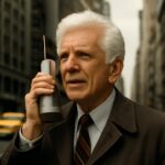 Martin Cooper muestra el prototipo Motorola DynaTAC usado para realizar la primera llamada móvil pública en Nueva York en 1973