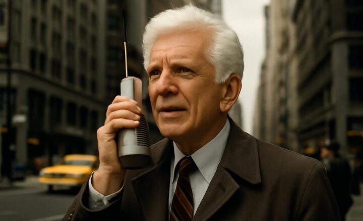 Martin Cooper muestra el prototipo Motorola DynaTAC usado para realizar la primera llamada móvil pública en Nueva York en 1973