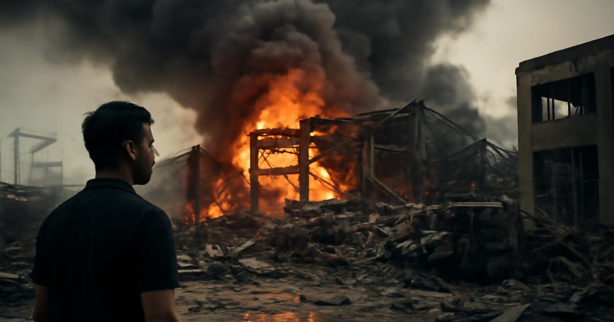 Nube de humo y daños en el puerto de Tianjin tras las explosiones de agosto de 2015